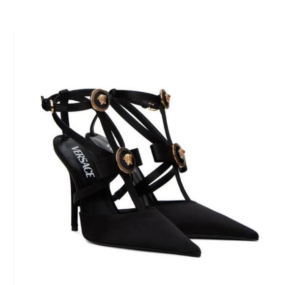 NIB Versace Gianni Ribbon 37 US 7 Black Satin Cage 110mm Pumps Runway $1,325 - Picture 1 of 16
